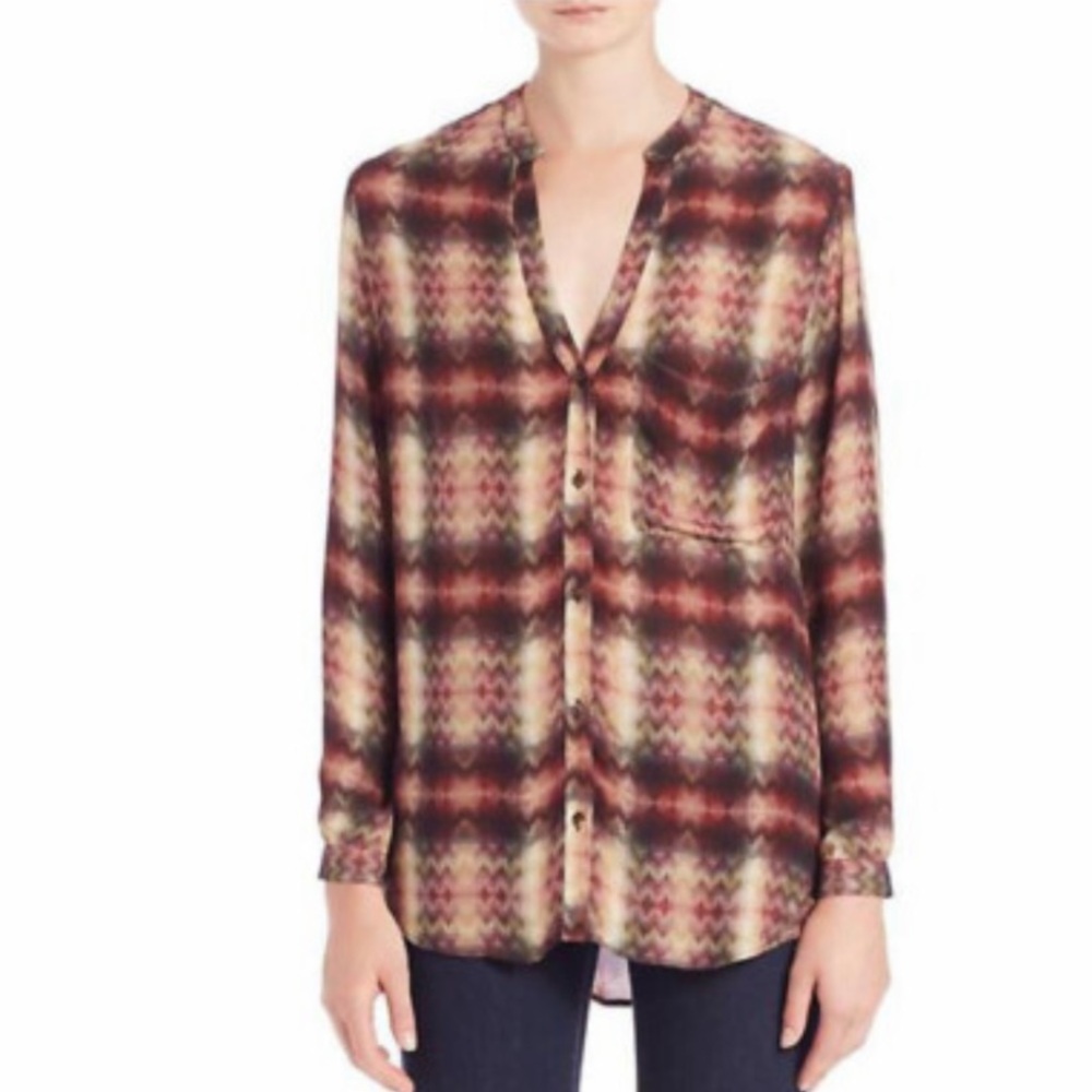 NWOT Haute Hippie Burgundy & Cream Multi Chevron Plaid 100% Silk Blouse